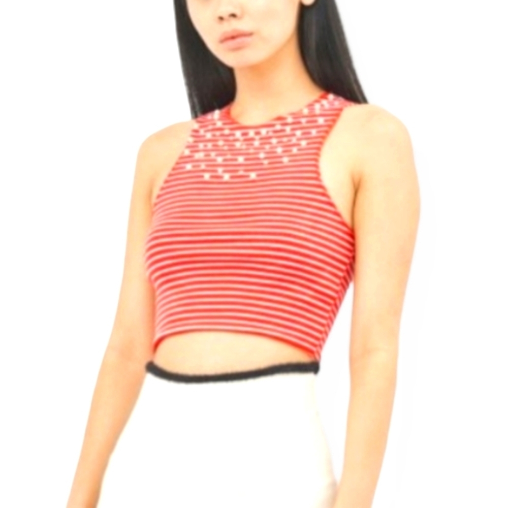 ZARA Trafaluc Cropped Red/White Stripped Top with‎ Pearls
